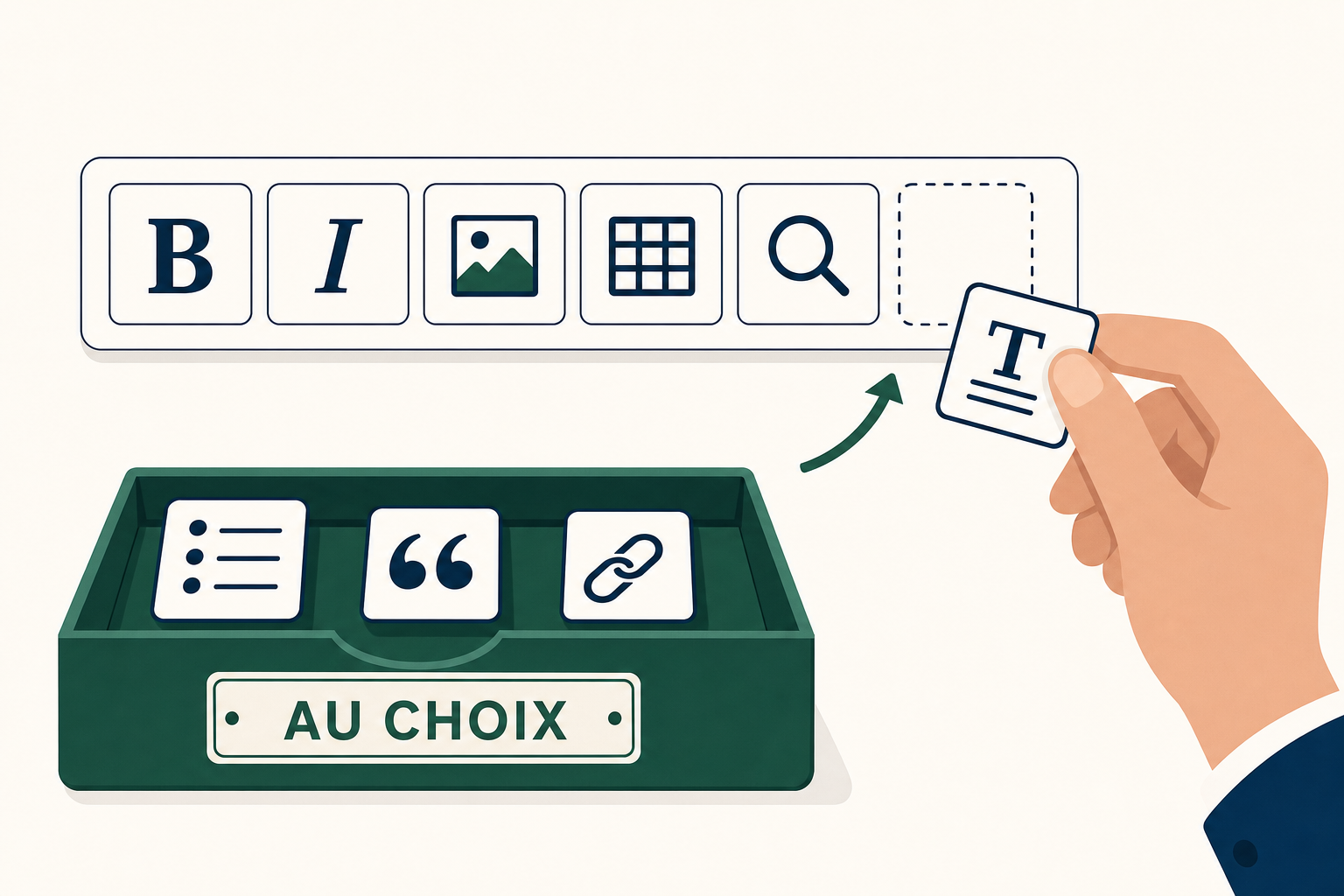 Une barre d'outils avec un emplacement vide et un tiroir de boutons optionnels qu'une main vient y poser
