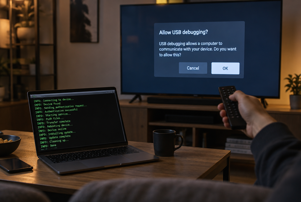 On a living room table, a laptop displays a scrolling terminal; behind it, the TV screen shows the “Allow USB debugging?” window with the Cancel and OK buttons, and a hand points the remote at the screen