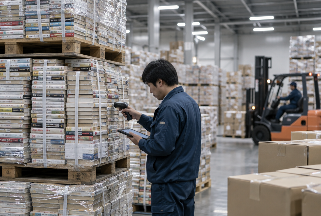 Des palettes de livres japonais d'occasion cerclées et filmées dans un entrepôt logistique