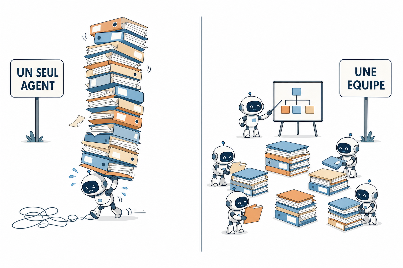 A gauche un seul robot ecrase sous une pile de dossiers, a droite cinq robots qui se repartissent la meme pile pendant qu un sixieme montre un plan au tableau