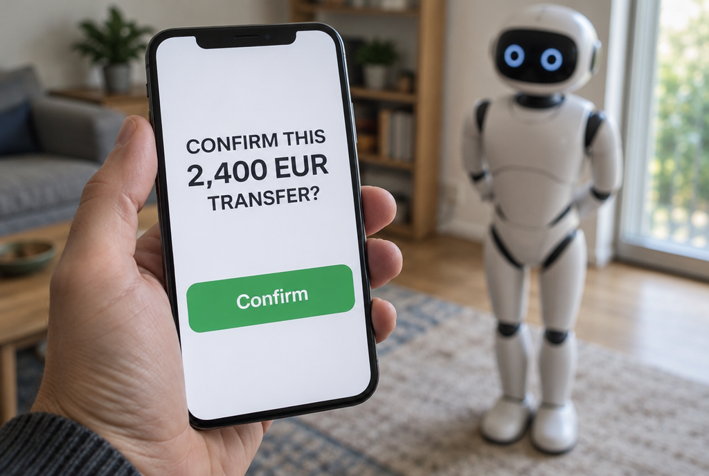 Close-up of a hand holding a smartphone displaying “Confirm this €2,400 transfer?” with a large green button, while a white robot waits politely in the background