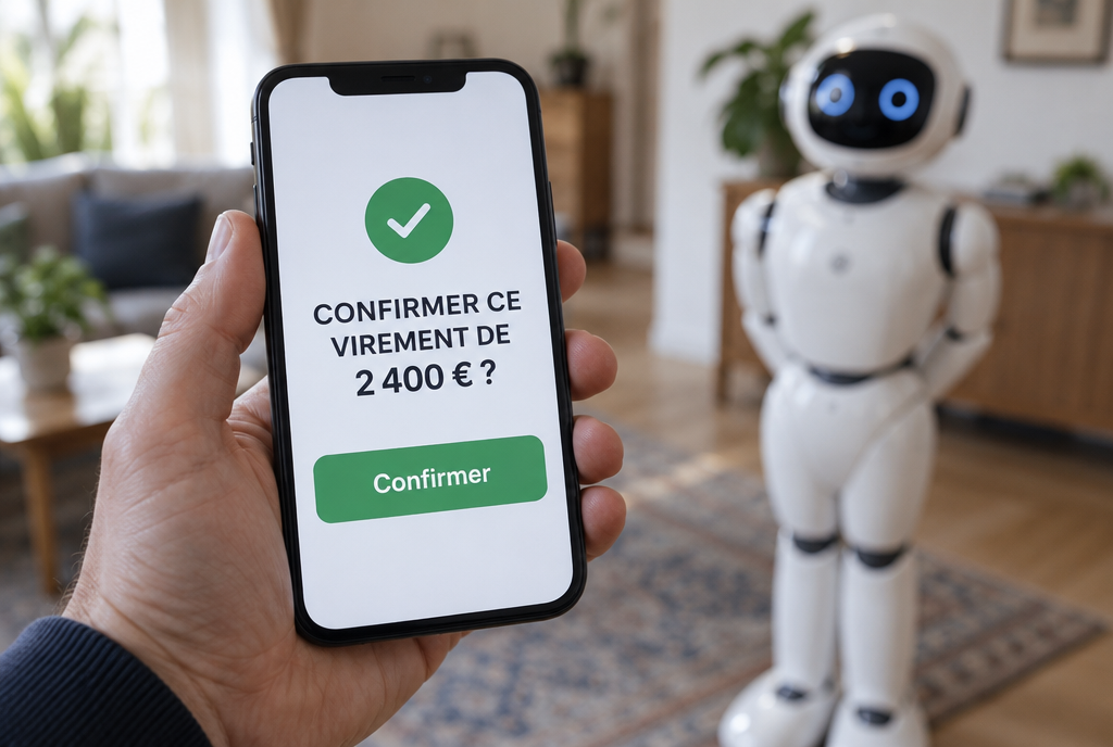 Gros plan sur une main qui tient un smartphone affichant « Confirmer ce virement de 2 400 € ? » avec un grand bouton vert, pendant qu'un robot blanc attend poliment à l'arrière-plan