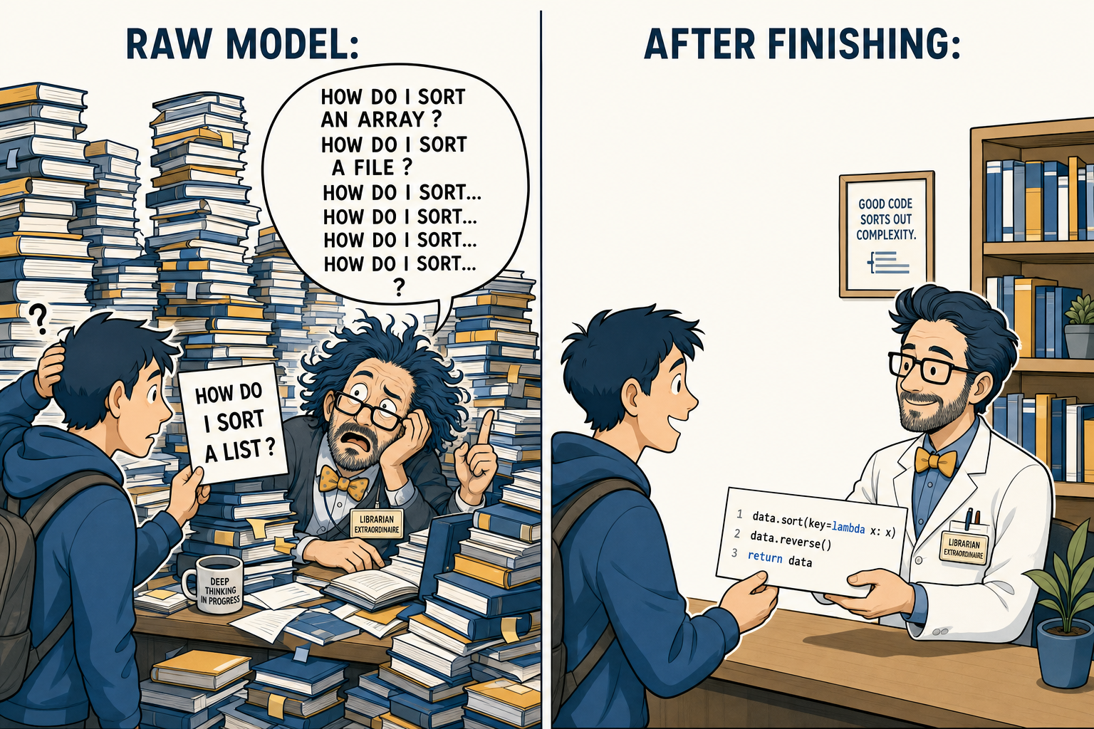 Comparison between a raw model that answers a question with other questions and a finished model that gives the answer