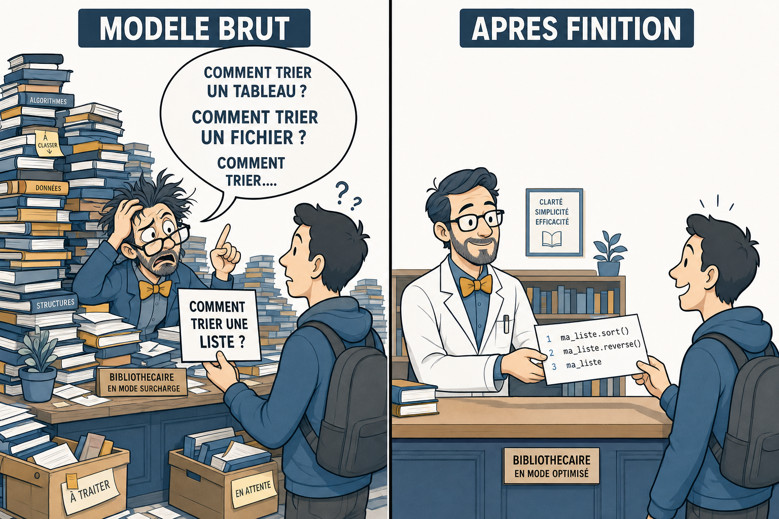 Comparaison entre un modèle brut qui répond à une question par d'autres questions et un modèle fini qui donne la réponse