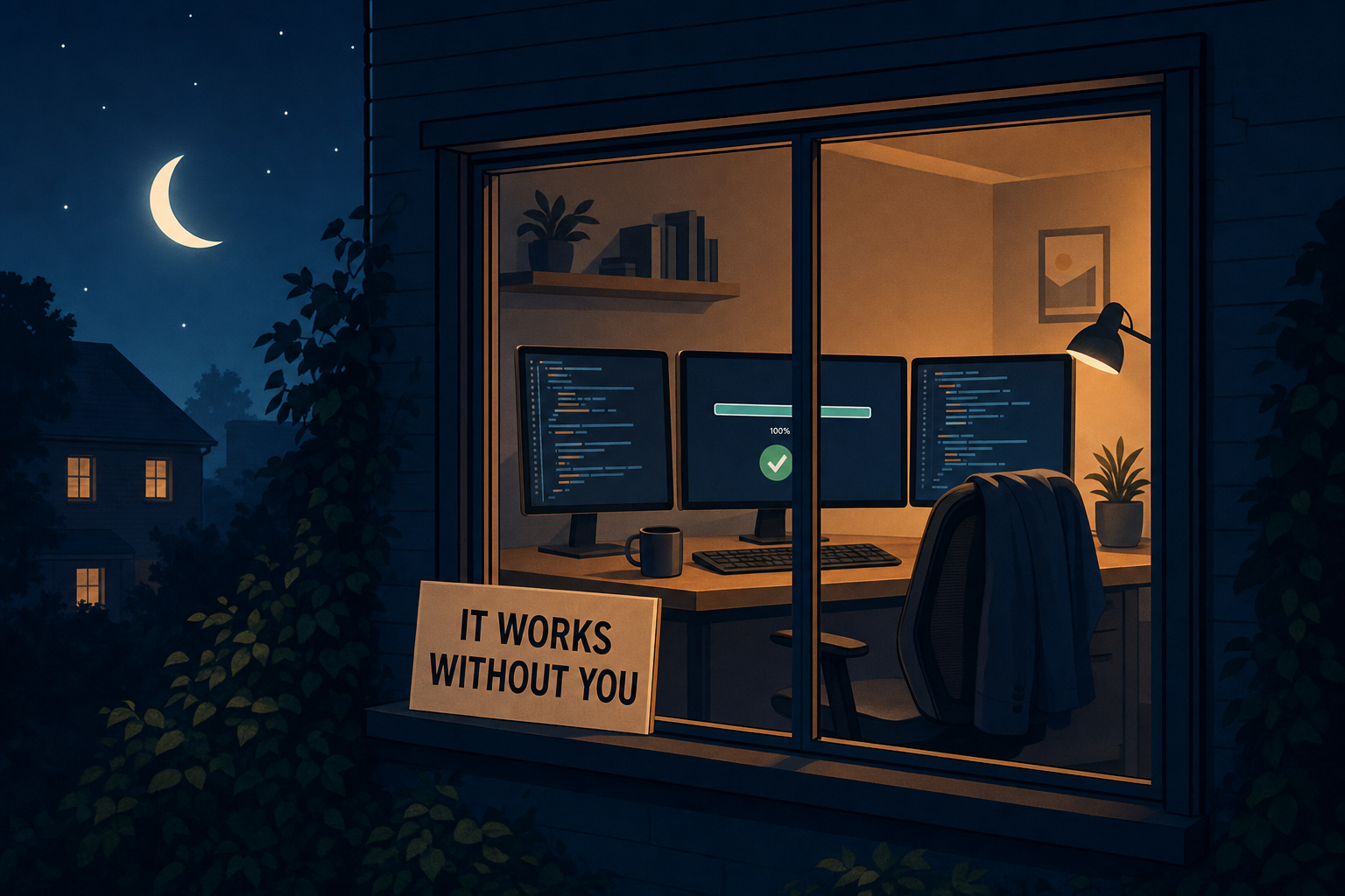A desk seen at night through the window, empty chair and cold mug, but the three screens are working all by themselves