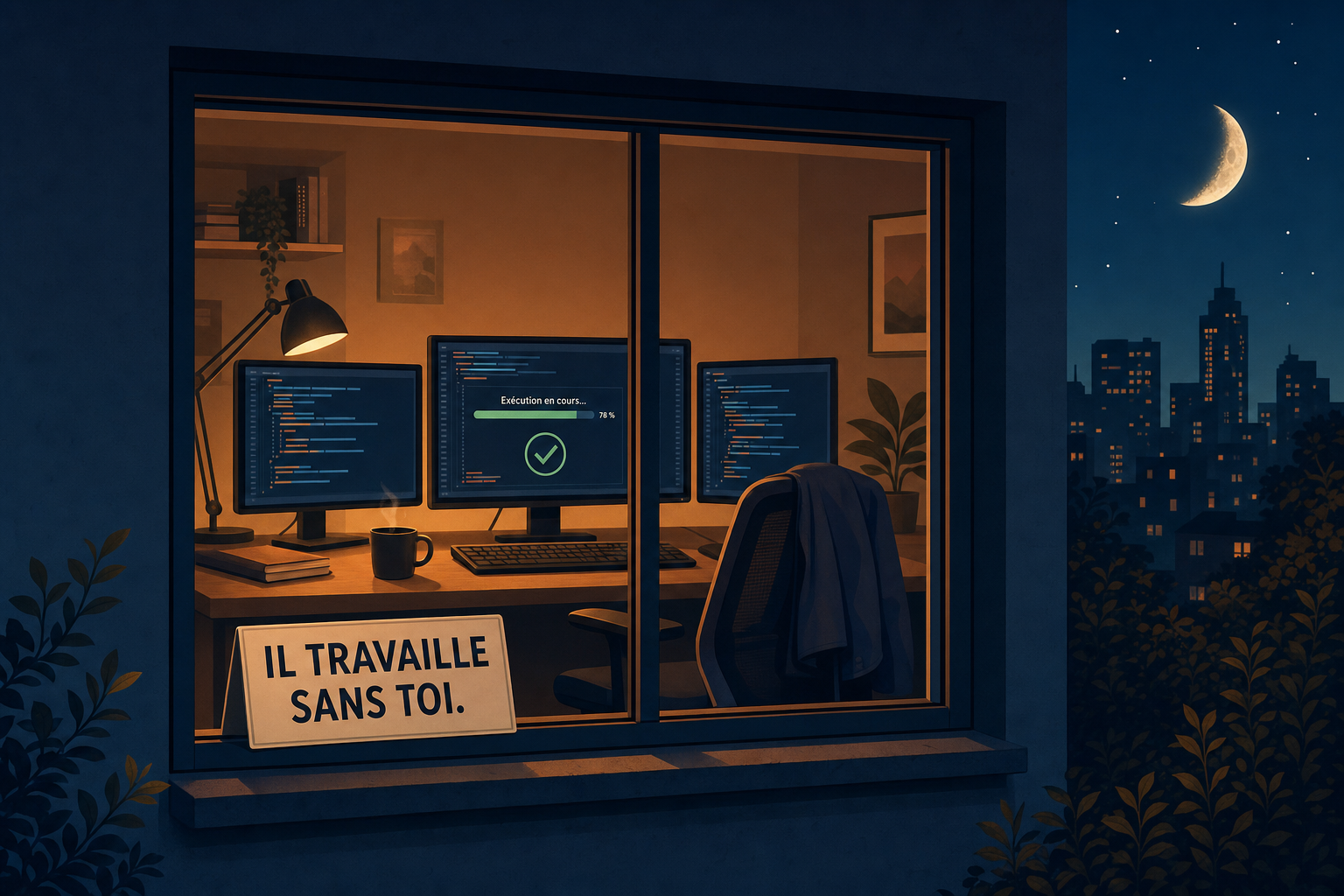 Un bureau vu de nuit par la fenêtre, chaise vide et mug froid, mais les trois écrans travaillent tout seuls