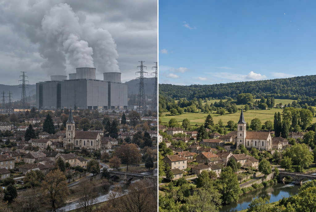 Avant et après, côte à côte. À gauche, une petite ville au pied d'un immense data center gris avec des tours de refroidissement qui crachent de la vapeur et des lignes à haute tension. À droite, la même ville, verte et tranquille sous un ciel bleu, le data center a disparu, remplacé par des prés