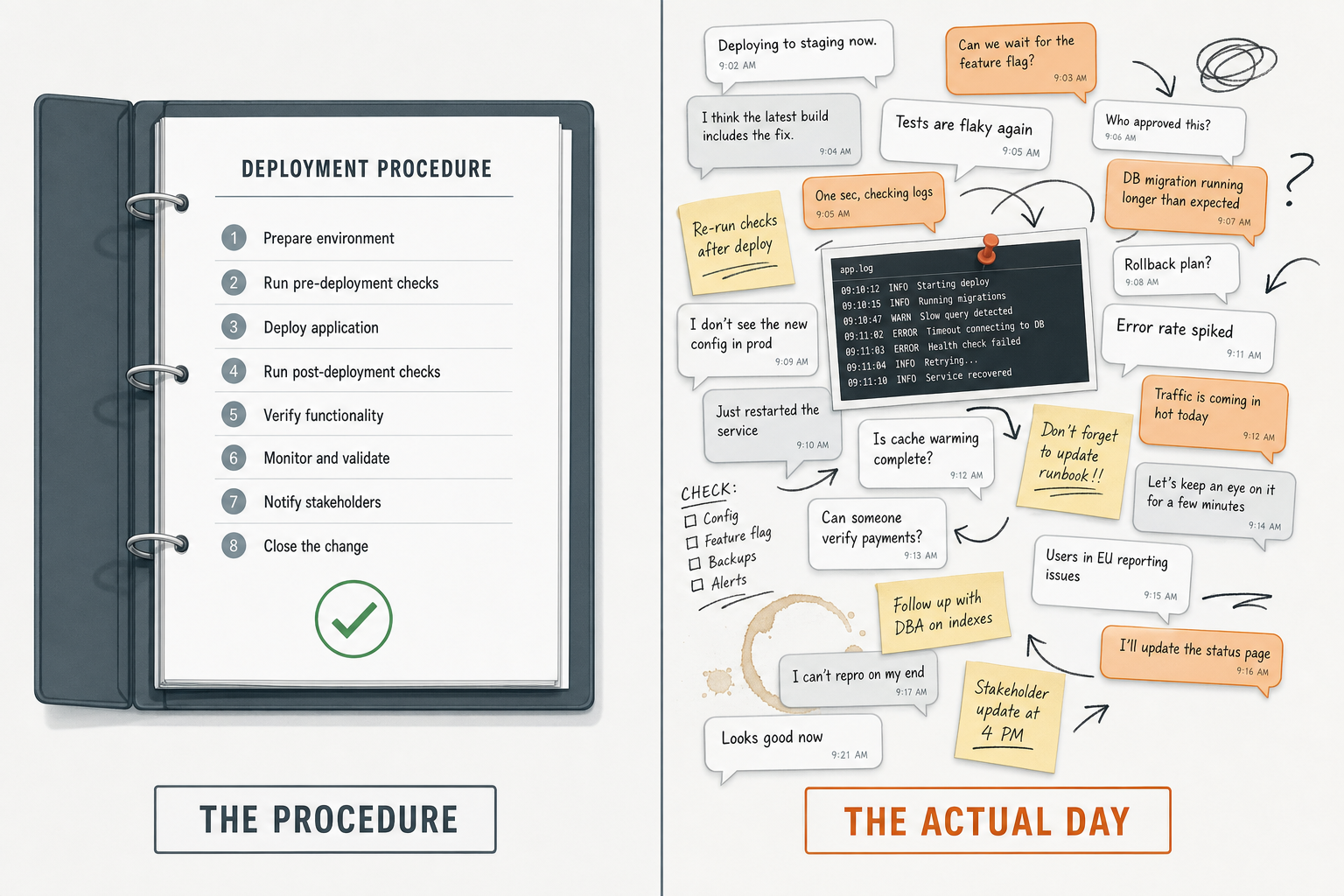 On the left, a deployment procedure neatly filed in a binder; on the right, the real discussion thread with its corrections and sticky notes