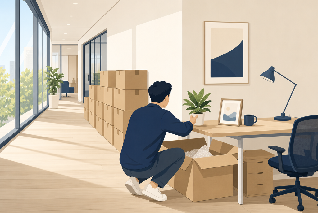 An office corridor where someone reopens a moving box to put a plant and a photo frame back on a desk