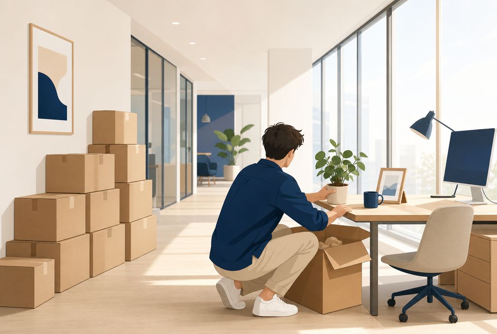 Un couloir de bureaux où une personne rouvre un carton de déménagement pour reposer une plante et un cadre photo sur un bureau