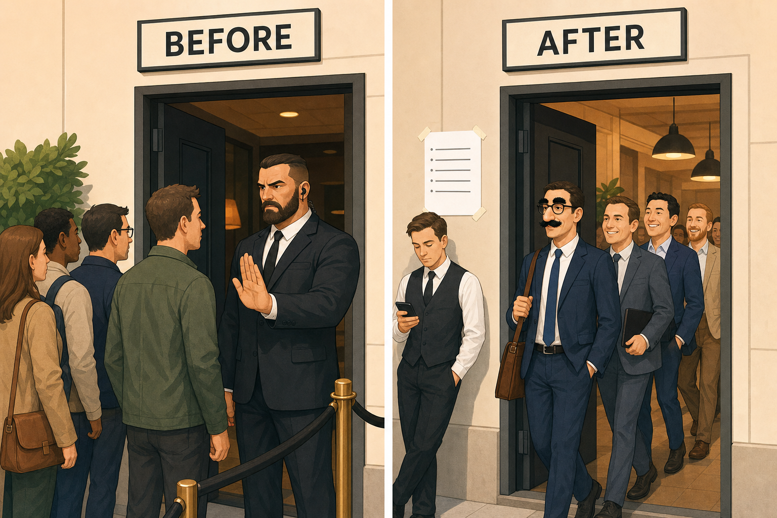 A gauche un videur controle chaque visiteur un par un, a droite une liste imprimee sur le mur et un portier distrait laisse passer un homme a fausse moustache