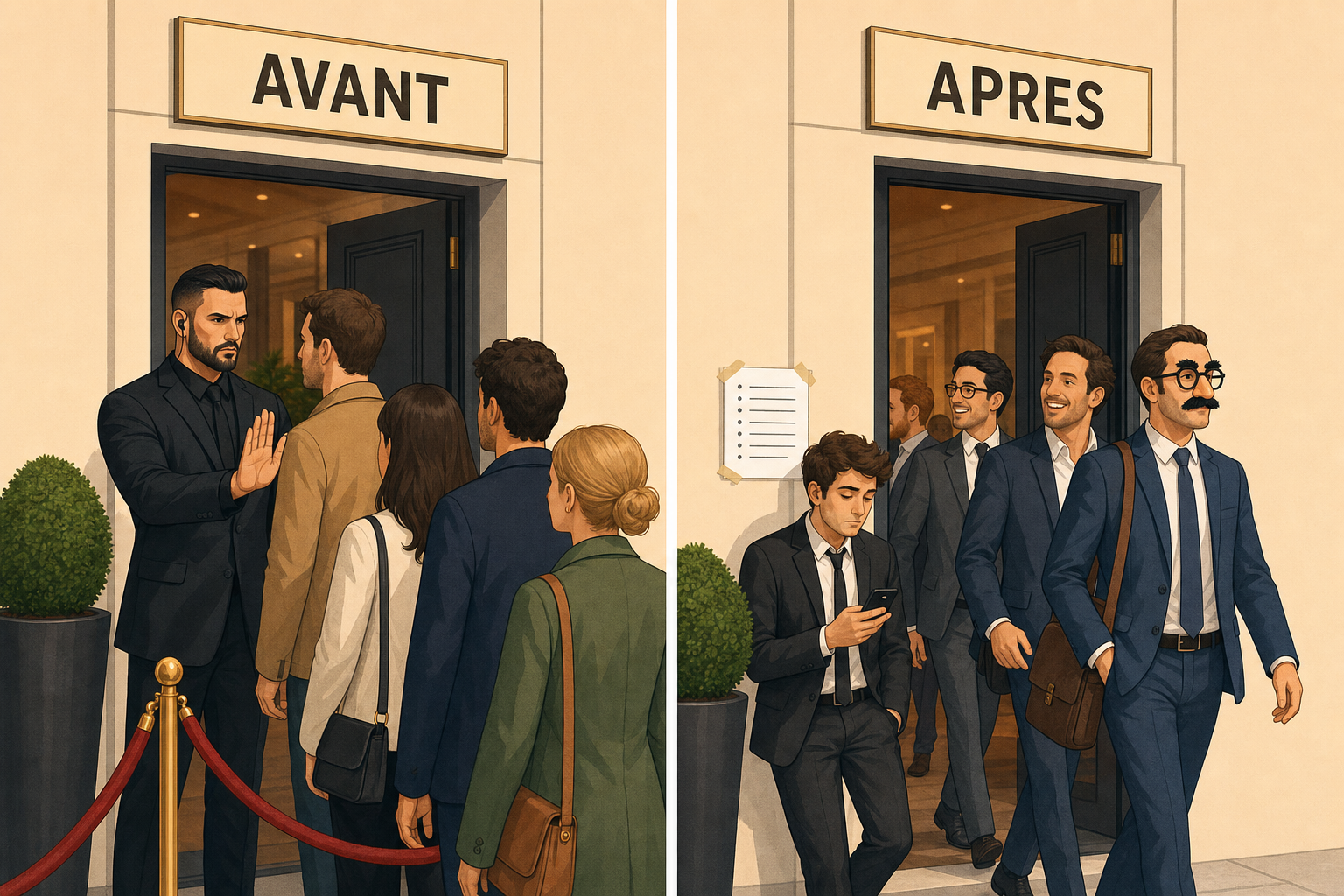 A gauche un videur controle chaque visiteur un par un, a droite une liste imprimee sur le mur et un portier distrait laisse passer un homme a fausse moustache