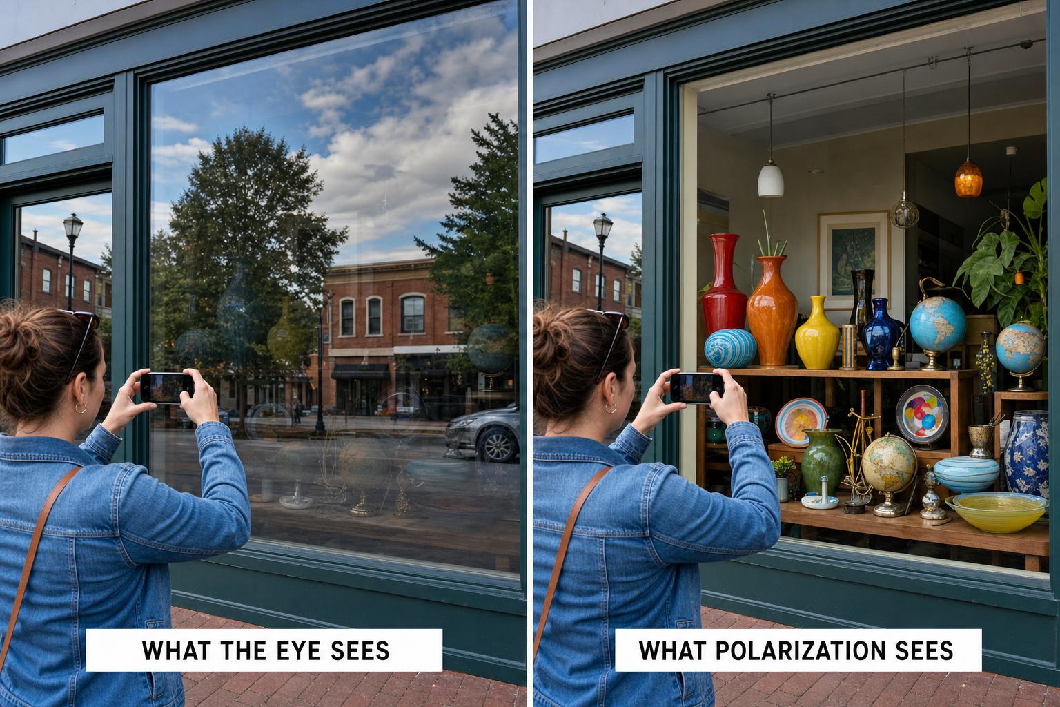 Comparison of the same showcase, on the left drowned under reflections and on the right perfectly transparent thanks to polarization