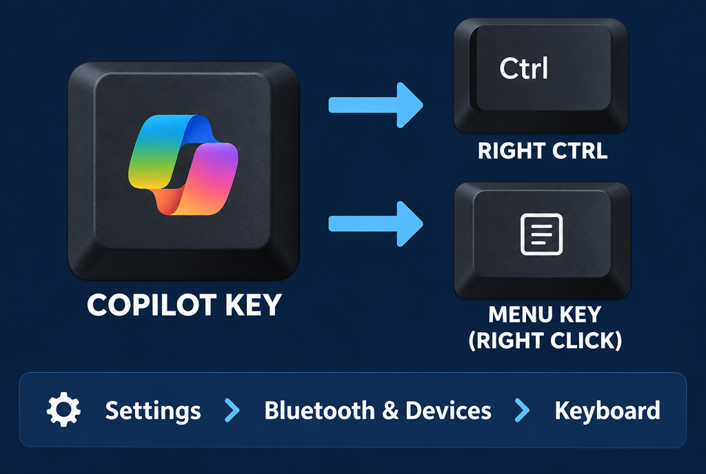 Diagram: the Copilot key can now become either the right Ctrl key or the menu key, which performs a right-click. Path: Settings, Bluetooth & devices, Keyboard