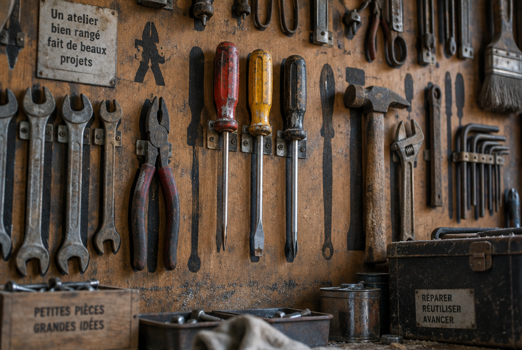 A workshop wall covered with tools, three worn screwdrivers in the center and all the others covered in dust