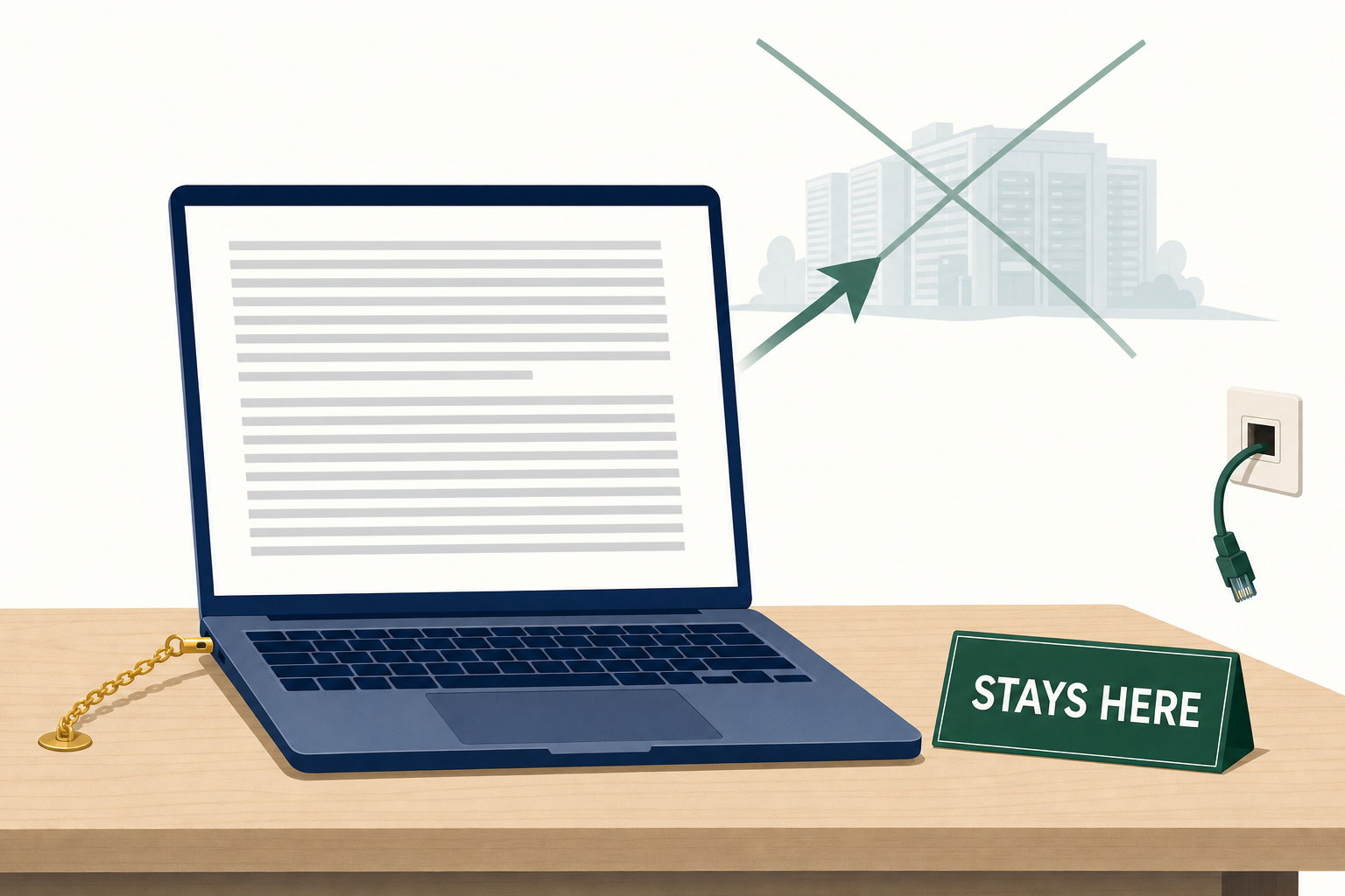 A laptop displaying a document, connected to the desk by a chain, network cable unplugged and data center crossed out in the distance