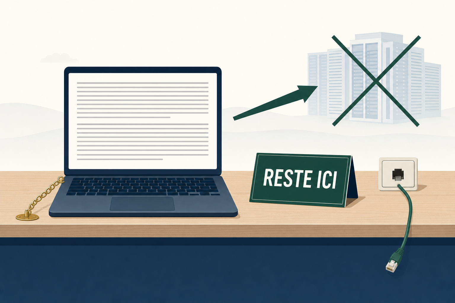 Un ordinateur portable affichant un document, relié au bureau par une chaîne, câble réseau débranché et centre de données barré au loin