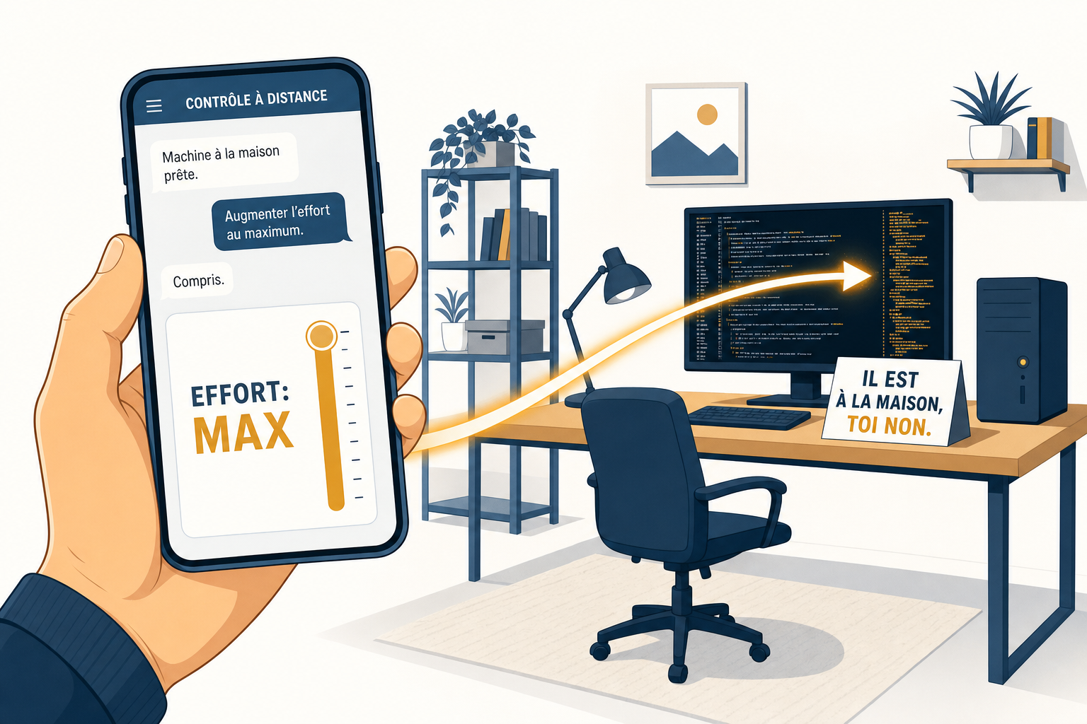 Une main règle le niveau d'effort sur un téléphone, et le réglage agit sur l'ordinateur resté à la maison