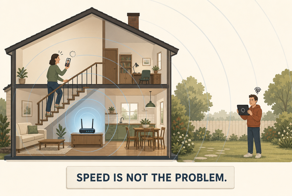 Cross-section of a house, the router in the living room, one person on the stairs with a video call cutting out and another at the back of the garden in front of a tablet that is loading