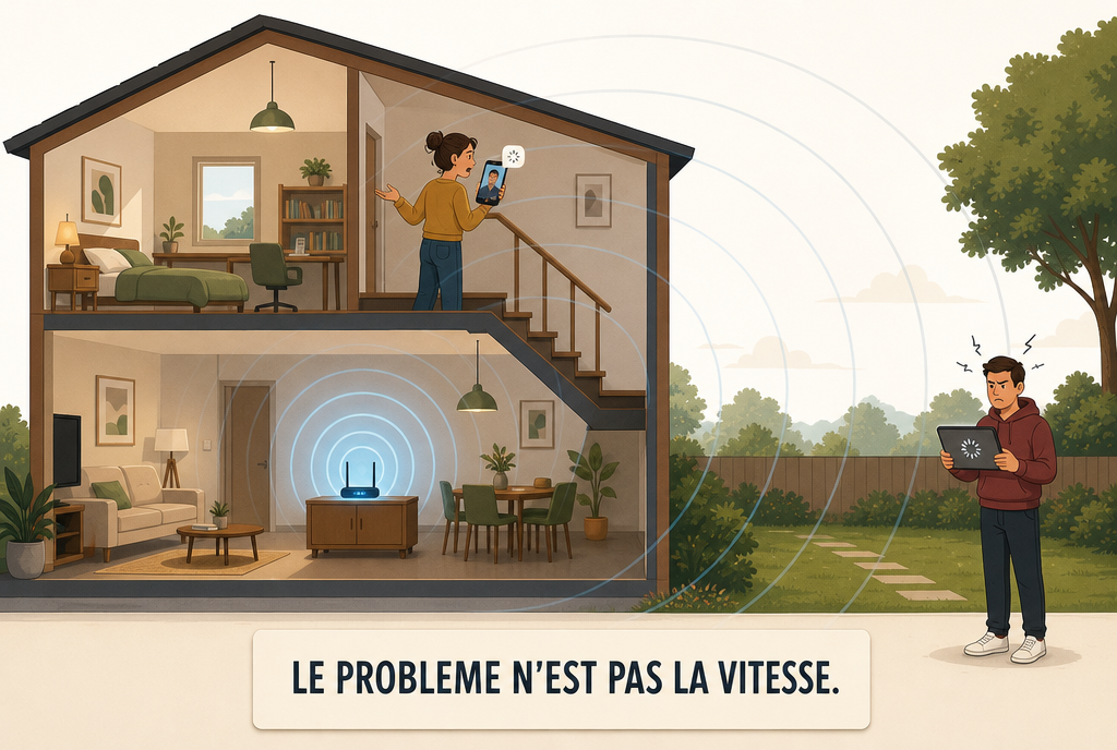 Coupe d'une maison, le routeur au salon, une personne dans l'escalier en visio coupée et une autre au fond du jardin devant une tablette qui charge