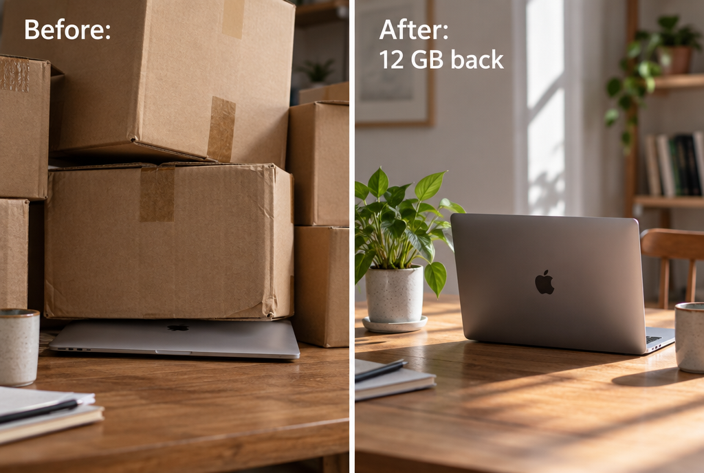 Before and after, side by side: on the left a MacBook crushed under a pile of moving boxes, with a tag reading “Before: drive full”; on the right the same free MacBook, next to a small plant in the sun, with a tag reading “After: 12 GB of renders”