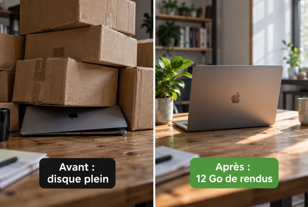 Avant et après, côte à côte : à gauche un MacBook écrasé sous une pile de cartons de déménagement, avec l'étiquette « Avant : disque plein » ; à droite le même MacBook libre, à côté d'une petite plante au soleil, avec l'étiquette « Après : 12 Go de rendus »