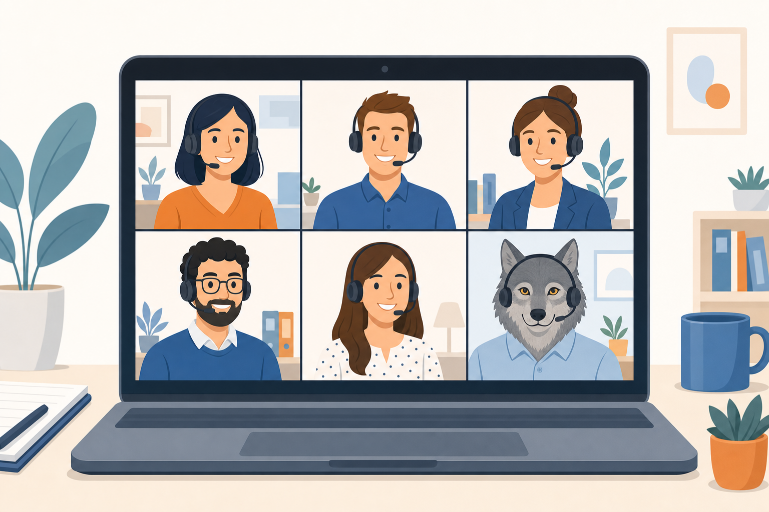 Une grille d appel video avec cinq collegues souriants et un loup en chemise dans la sixieme case