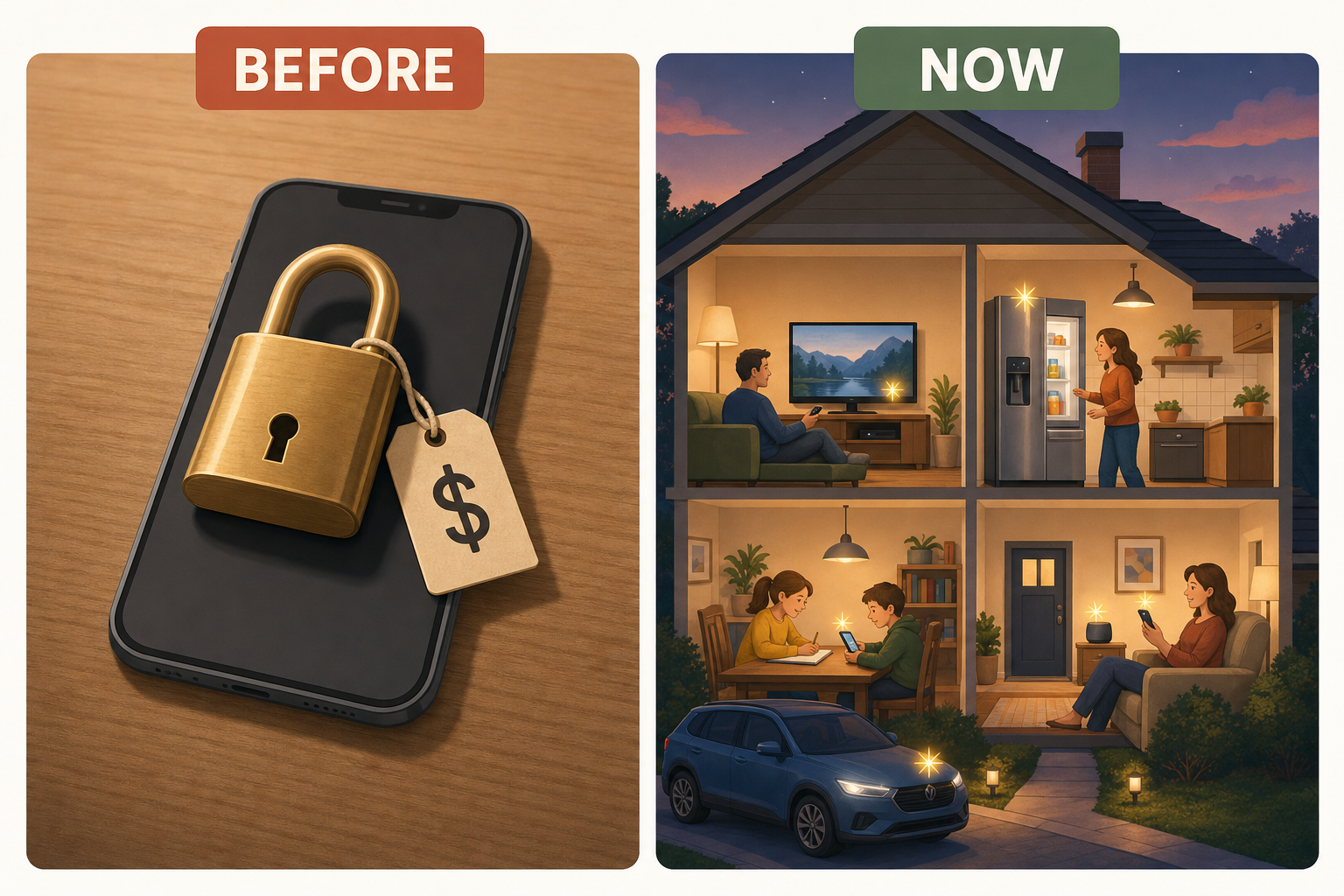 Two panels, on the left a single phone with a padlock and a price tag, on the right a whole house where the television, fridge, car, and phone each have a small spark