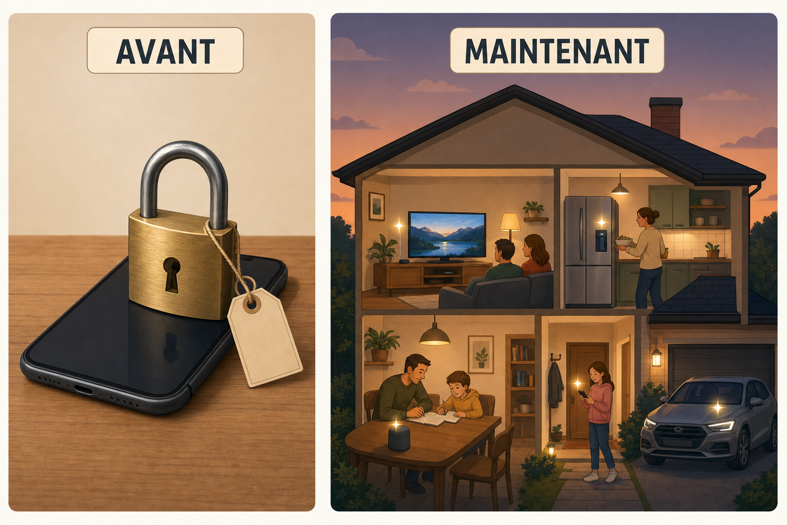 Deux panneaux, a gauche un seul telephone avec un cadenas et une etiquette de prix, a droite une maison entiere ou la television le frigo la voiture et le telephone ont chacun une petite etincelle