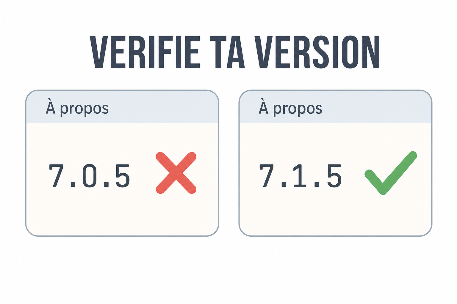Deux fenetres A propos cote a cote, la version 7.0.5 barree en rouge et la version 7.1.5 validee en vert