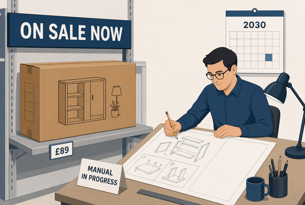A cardboard piece of furniture already on the shelf with its price, while an engineer is still drawing the assembly instructions