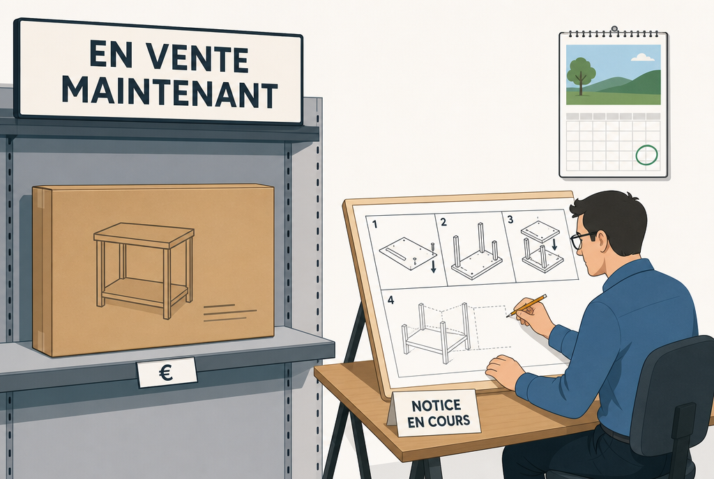 Un meuble en carton déjà en rayon avec son prix, pendant qu'un ingénieur dessine encore la notice de montage