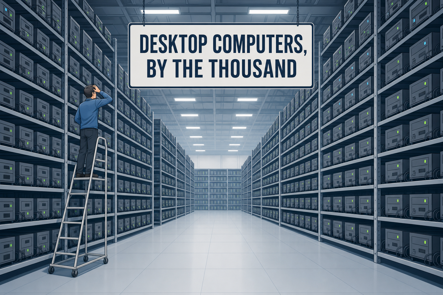 A huge data room whose shelves are filled with thousands of identical little desktop computers