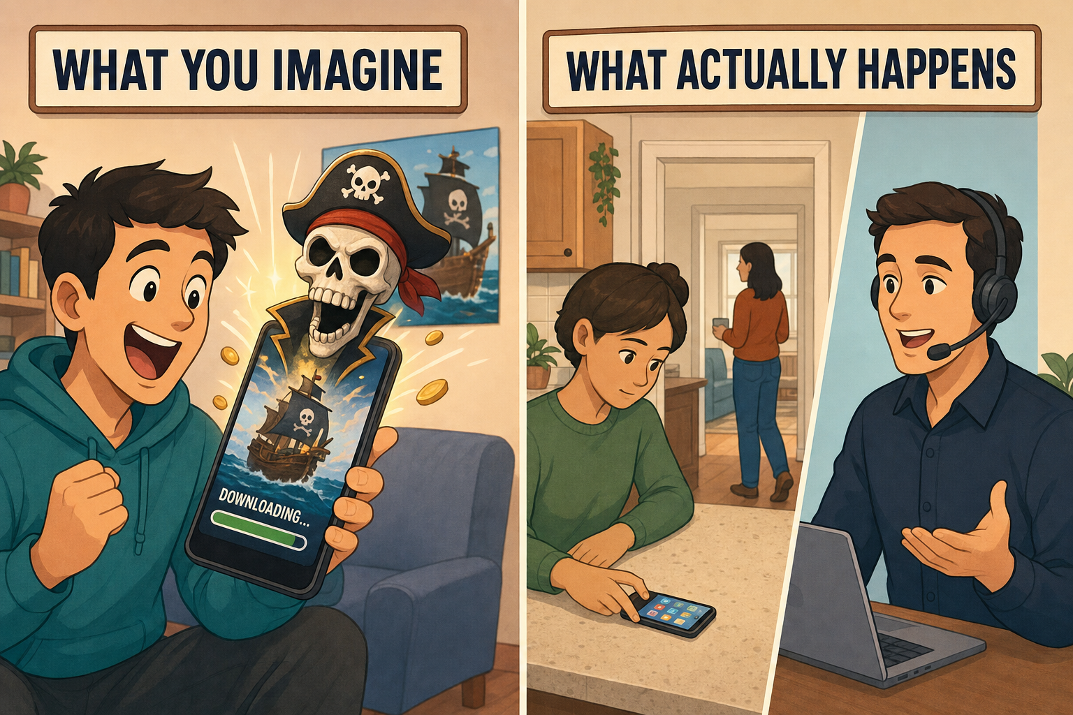 A gauche ce qu on imagine, un jeu pirate telecharge avec une tete de mort, a droite ce qui arrive vraiment, quelqu un qui tient le telephone deverrouille d un proche et un faux agent d assistance au telephone