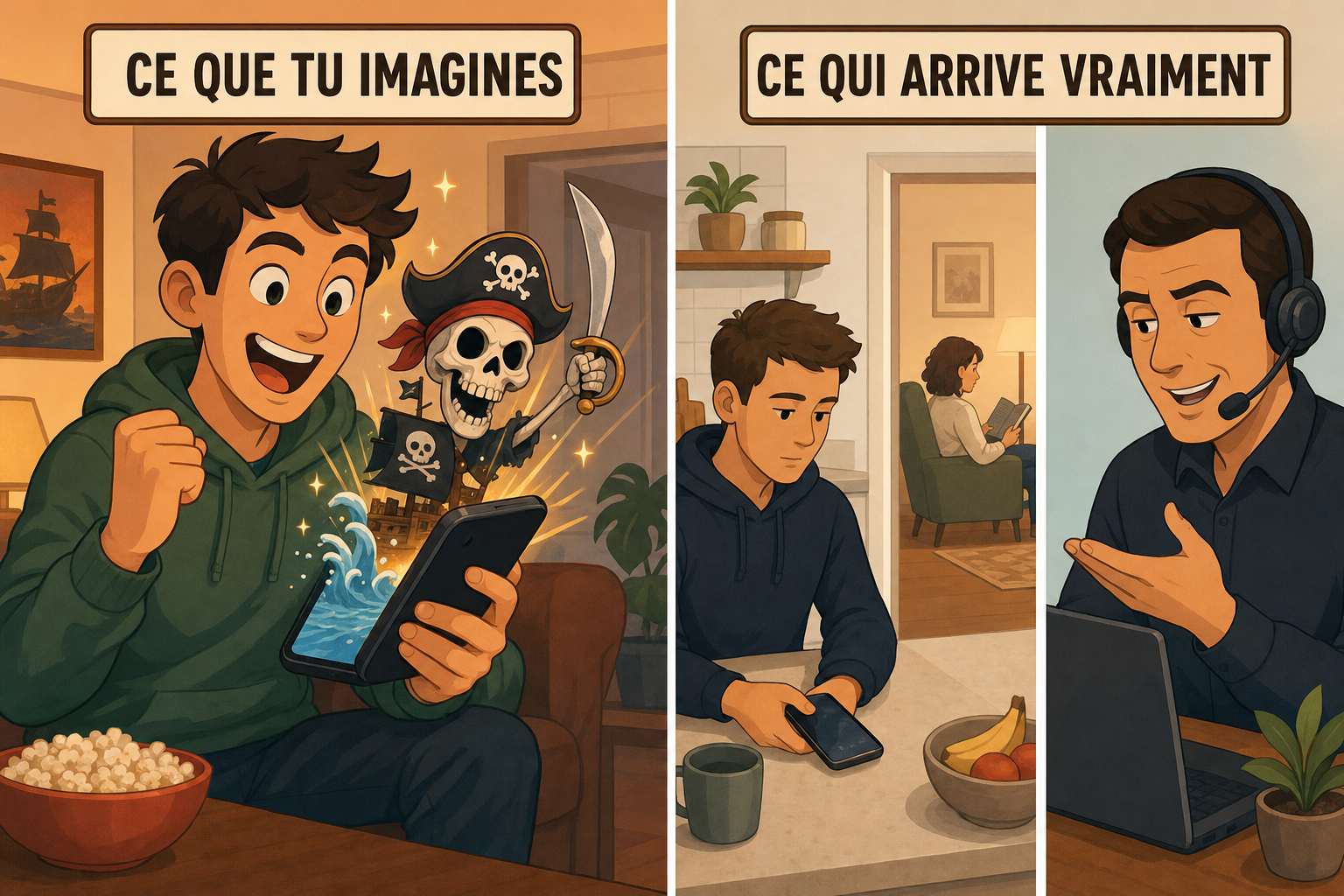 A gauche ce qu on imagine, un jeu pirate telecharge avec une tete de mort, a droite ce qui arrive vraiment, quelqu un qui tient le telephone deverrouille d un proche et un faux agent d assistance au telephone