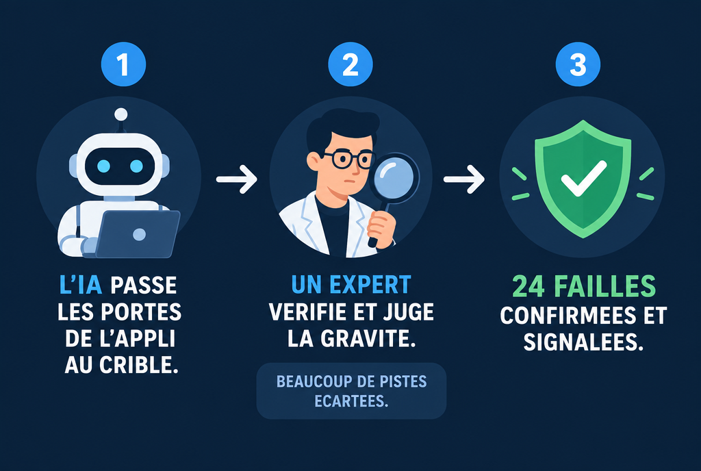 Schéma en trois étapes. Un : l'IA passe les portes d'entrée de l'appli au crible et propose des failles. Deux : un expert humain vérifie chaque piste et juge sa gravité, beaucoup sont écartées. Trois : 24 failles confirmées et signalées aux développeurs
