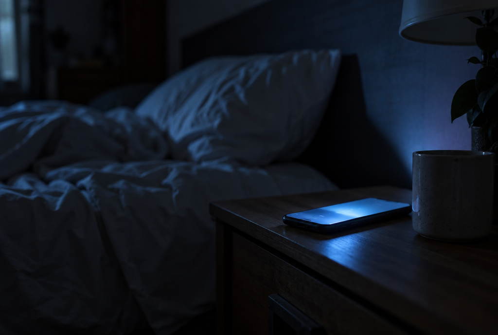 A phone lighting up on a bedside table before dawn