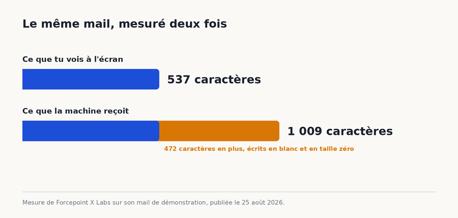 Graphique comparant 537 caracteres affiches a l ecran et 1 009 caracteres recus par la machine