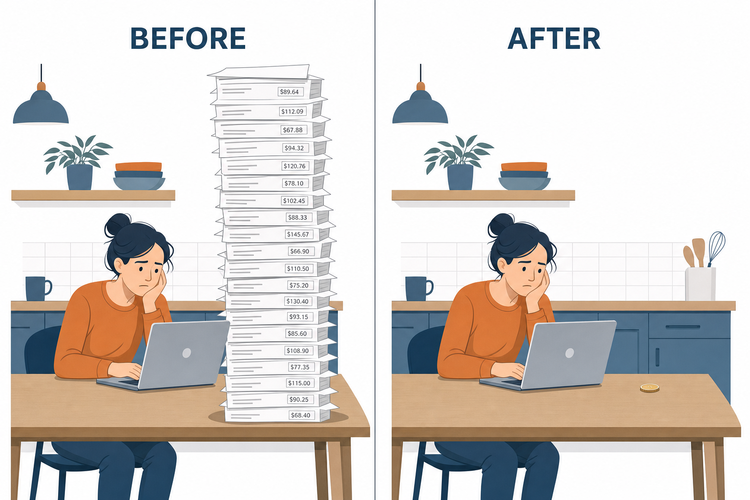 Comparaison avant après, à gauche une pile de factures d'abonnement sur une table de cuisine, à droite la même table avec une seule pièce de monnaie
