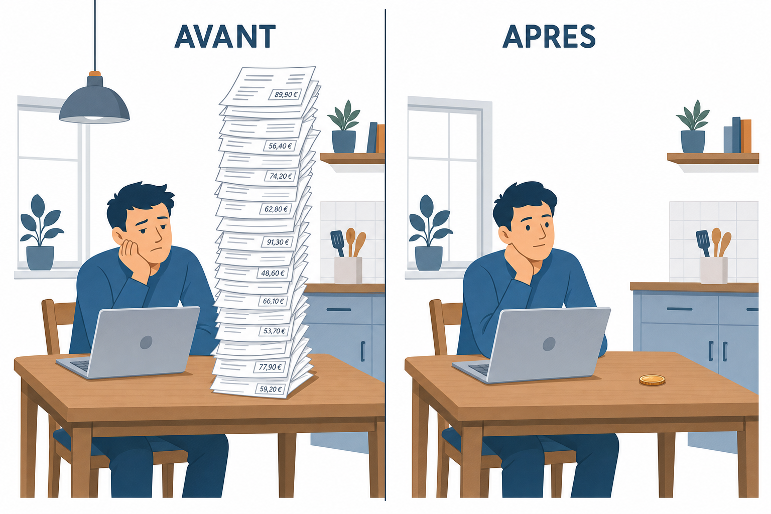 Comparaison avant après, à gauche une pile de factures d'abonnement sur une table de cuisine, à droite la même table avec une seule pièce de monnaie