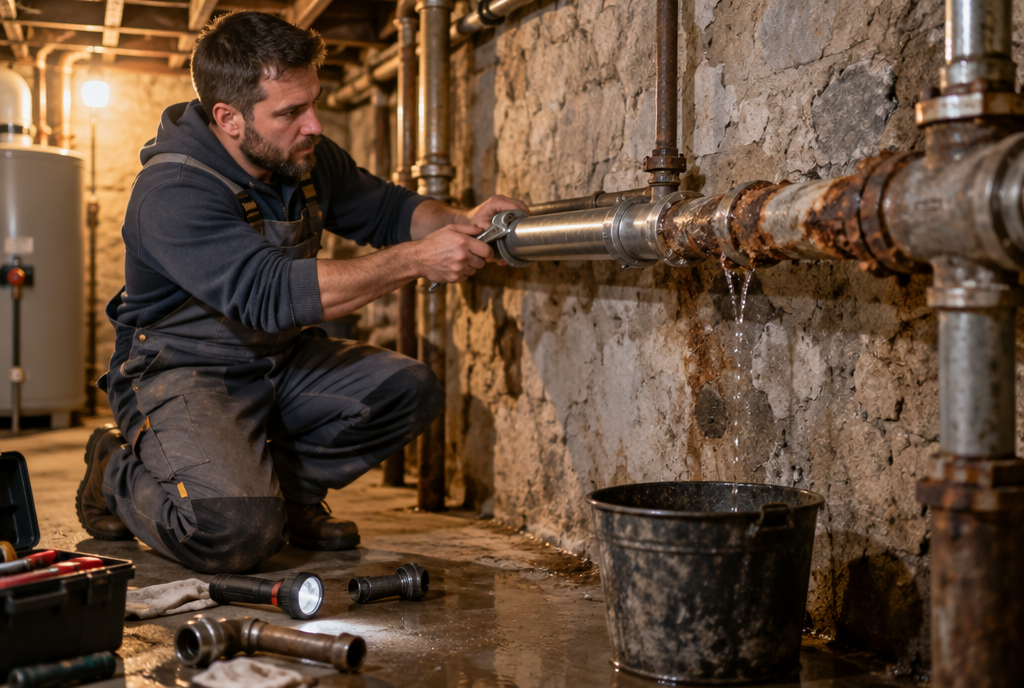 Dans la cave d'une vieille maison, un plombier remplace une longue canalisation en métal rouillé, couverte de rustines et qui goutte, par un tuyau neuf et brillant, tronçon par tronçon ; un seau recueille l'eau qui fuit encore de l'ancien morceau
