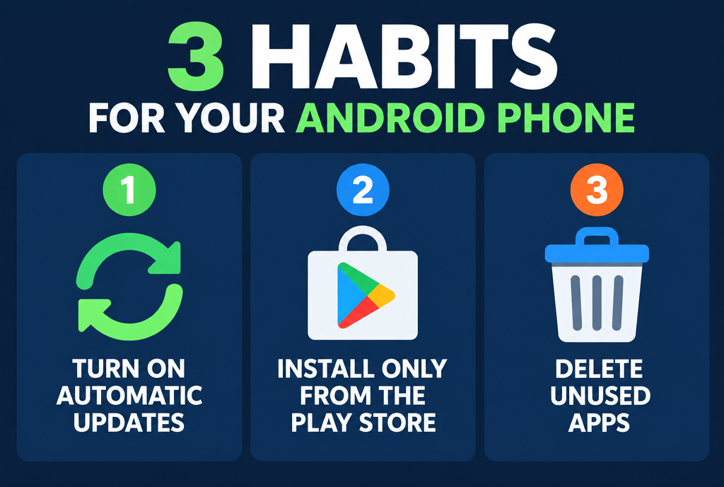 Three habits for your Android phone: one, turn on automatic updates in the Play Store ; two, install your apps only from the Play Store ; three, delete the apps you no longer use