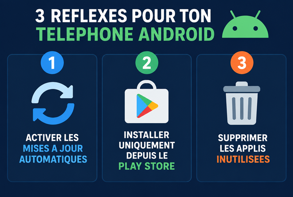 Trois réflexes pour ton téléphone Android : un, activer les mises à jour automatiques dans le Play Store ; deux, installer ses applis uniquement depuis le Play Store ; trois, supprimer les applis qu'on n'utilise plus