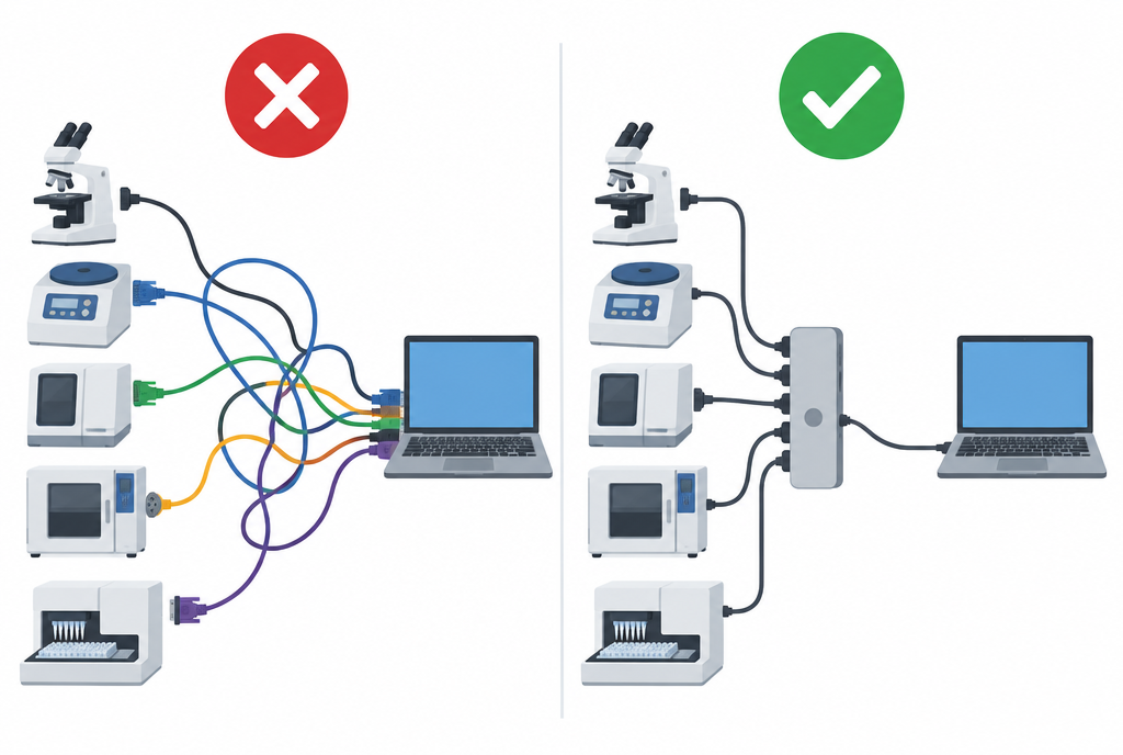 Brancher une machine de laboratoire. A gauche, la version 2025 avec un cable et un logiciel par appareil. A droite, la meme chose avec un seul connecteur.