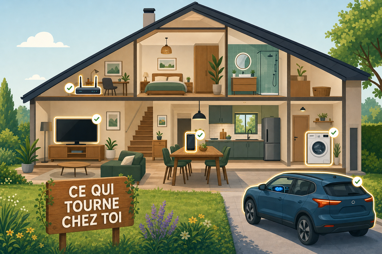 Coupe dune maison ordinaire montrant la box internet, la television, la machine a laver, le telephone et la voiture