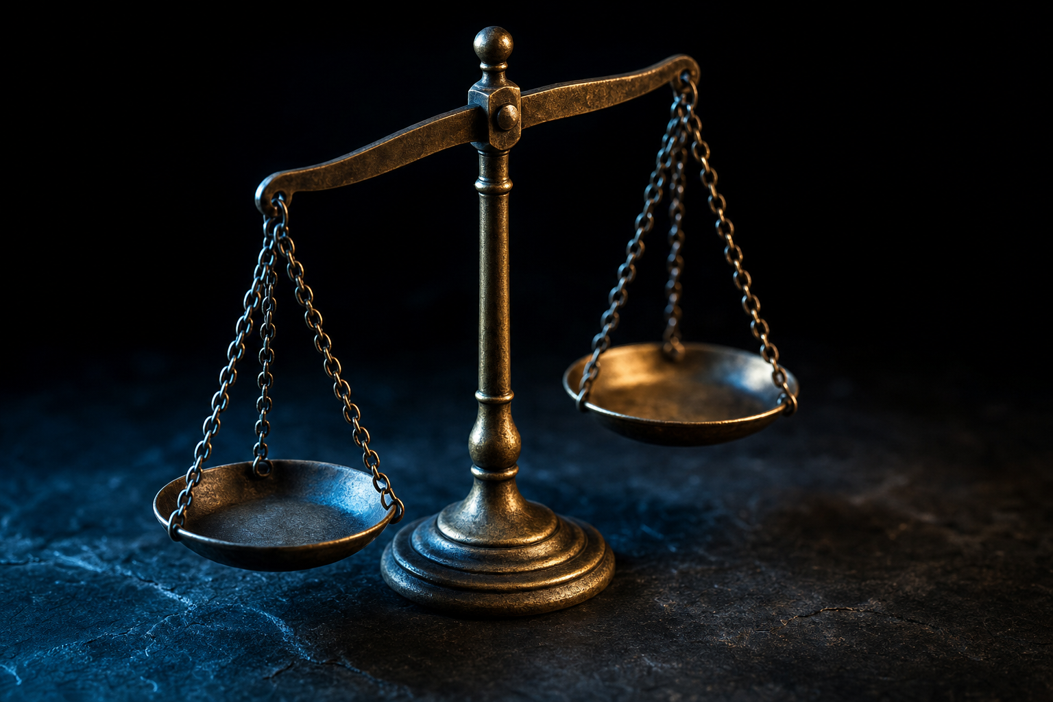 Balance a plateaux en laiton sur fond sombre, un plateau plus bas que l autre