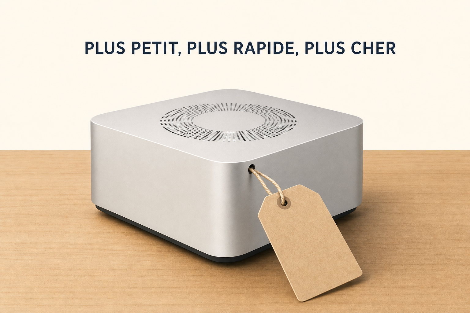 Un petit boitier carre sur un bureau avec une etiquette de prix