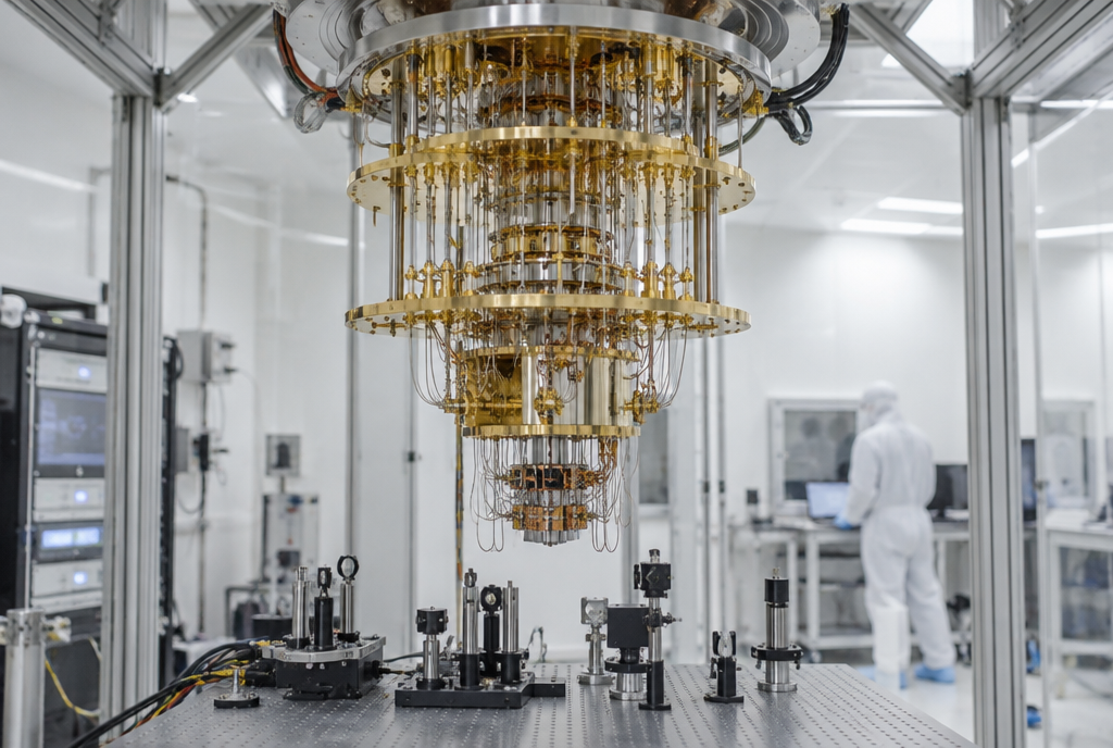 A golden chandelier-shaped dilution refrigerator in a clean room