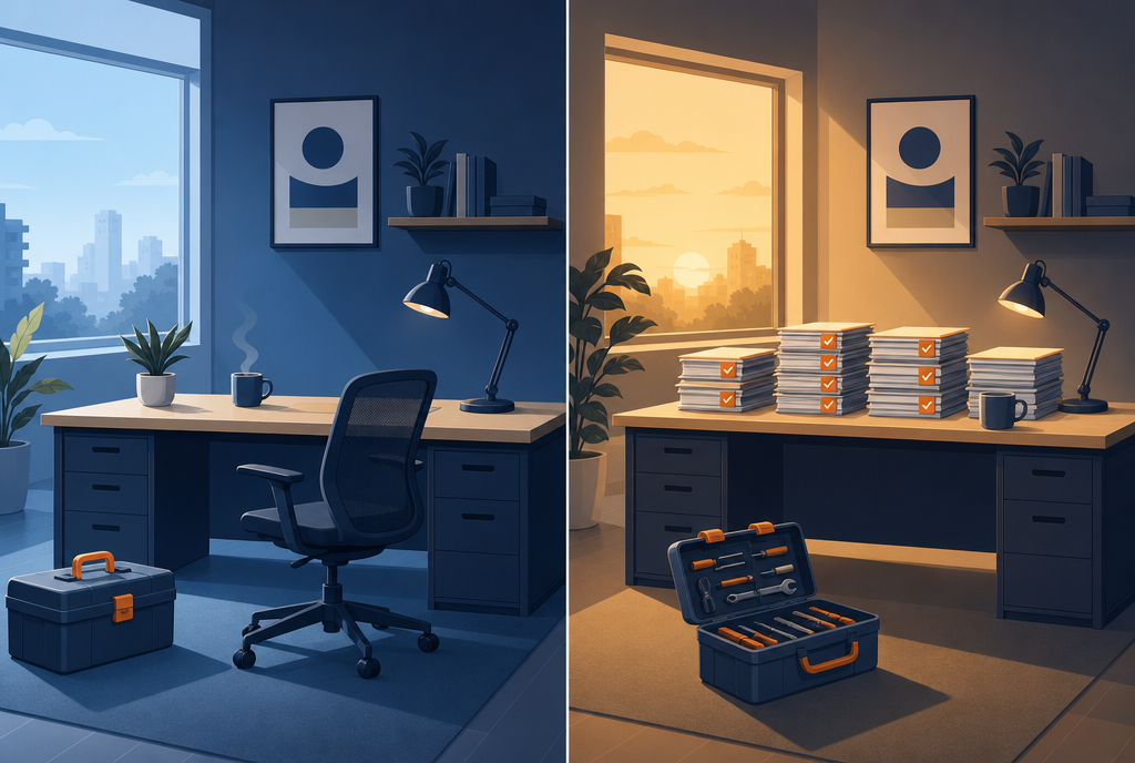 The same desk early in the morning, empty and tidy, and in the evening, covered with finished files