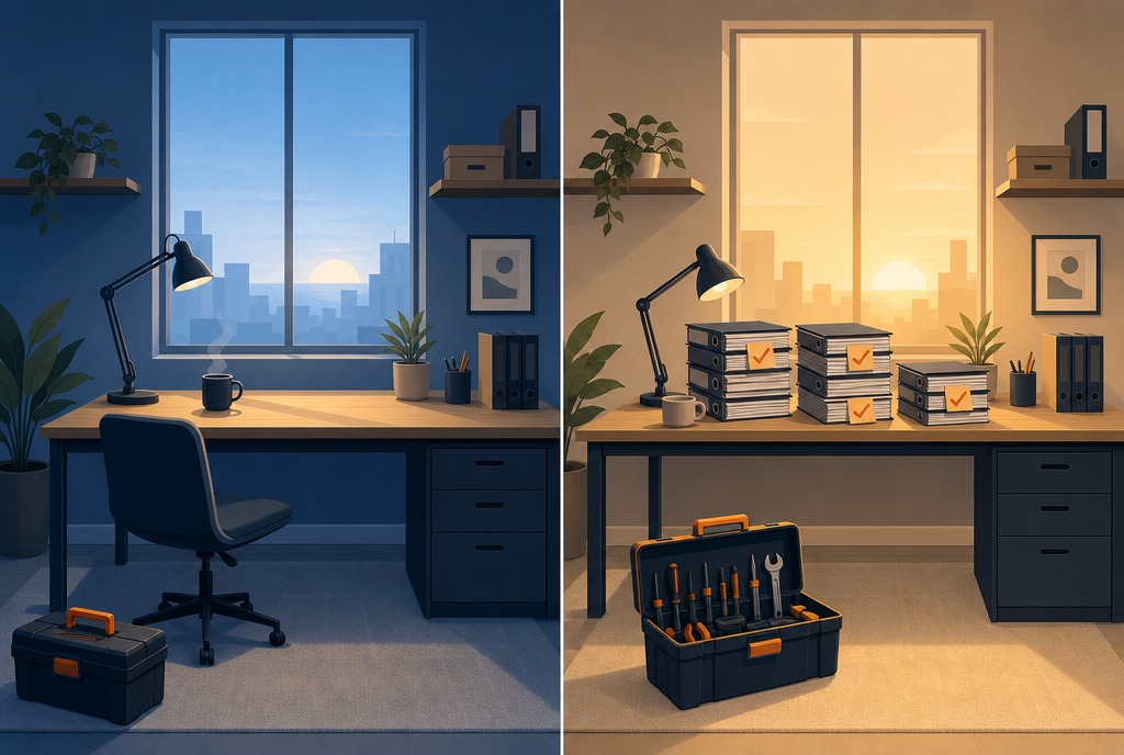Le même bureau au petit matin, vide et rangé, et le soir, couvert de dossiers terminés